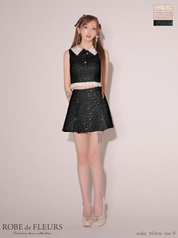 キャバドレス ROBEdeFLEURS ローブドフルール 襟つき ツイード プリーツ ガーリー ノースリーブ セットアップ スパンコール フレアミニドレス 