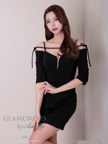 キャバドレス GLAMOROUS セクシー 袖あり 肩あき ジップデザイン ショルダーリボン ウエストマーク タイトミニドレス