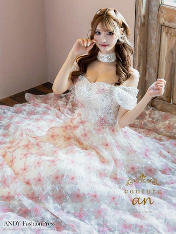 キャバドレス couture an クチュール アン ガーリー オフショルダー スパンコール ビジュー フラワー バースデー フェザー Aラインロングドレス