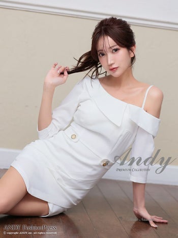 キャバドレス Andy セクシー 袖あり ワンショルダー 襟 ワンカラー ウエストベルト ラップスカート タック タイトミニドレス