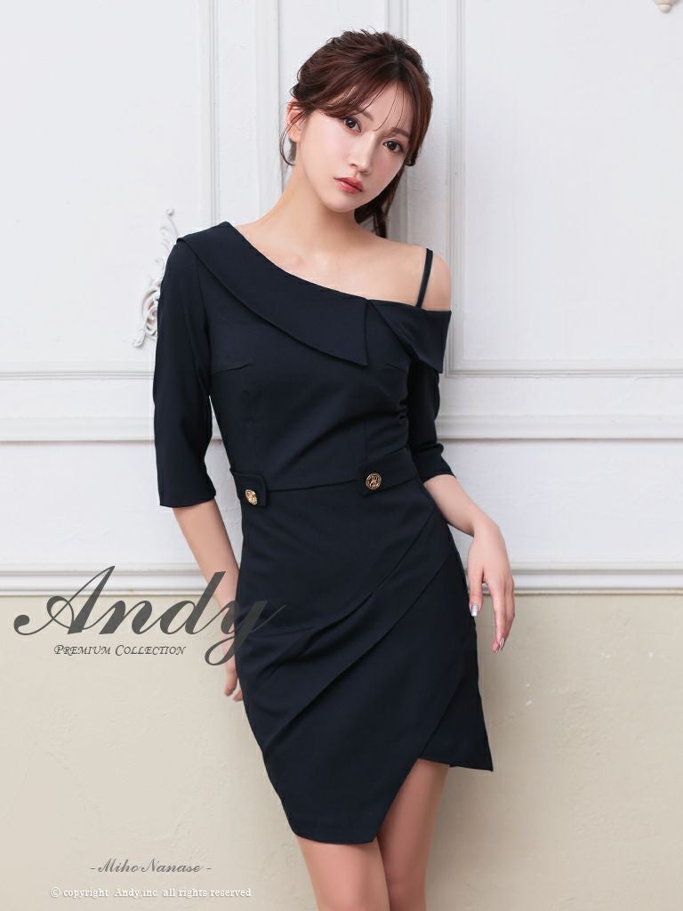 キャバドレス Andy セクシー ワンショルダー 襟 袖あり ワンカラー ウエストベルト ラップスカート タック タイトミニドレス