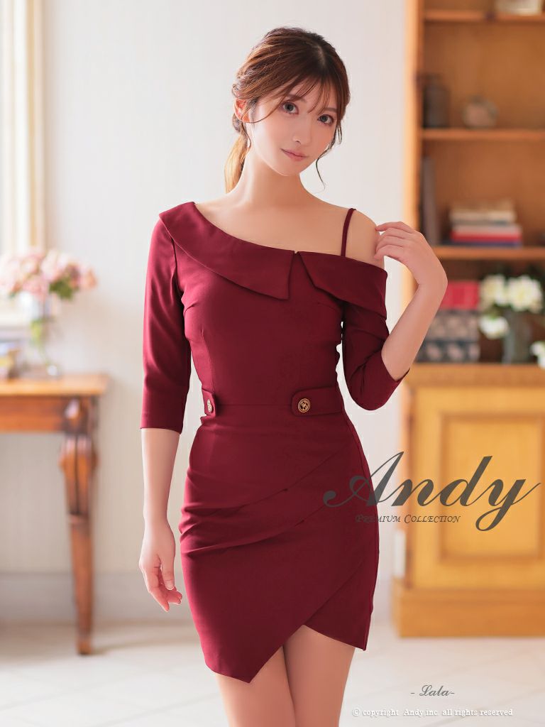 キャバドレス Andy セクシー ワンショルダー 襟 ワンカラー 袖あり ウエストベルト ラップスカート タック タイトミニドレス