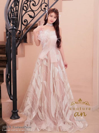 キャバドレス couture an ガーリー オフショルダー チョーカー 刺繍 ビジュー フラワー バースデー フェザー Aラインロングドレス