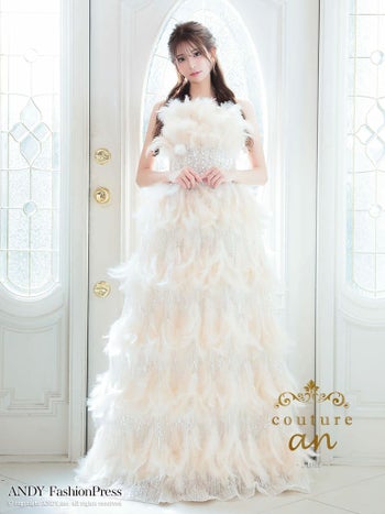 キャバドレス couture an ガーリー ベアトップ スパンコール ビジュー バースデー フェザー Aラインロングドレス