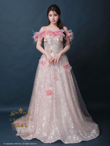 キャバドレス couture an ガーリー スパンコール ビジュー フラワー オフショルダー バースデー レースアップ Aラインロングドレス