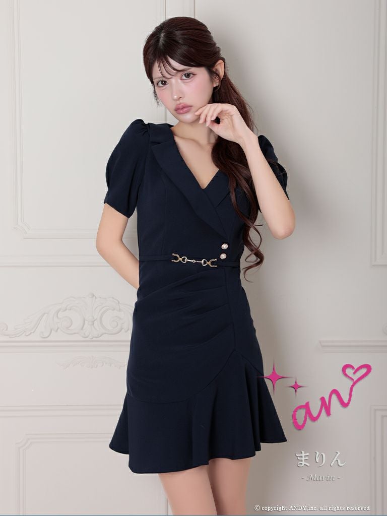 キャバドレス an ガーリー 半袖 襟デザイン ウエストベルト パフスリーブ ワンカラー 裾フリル タイトミニドレス