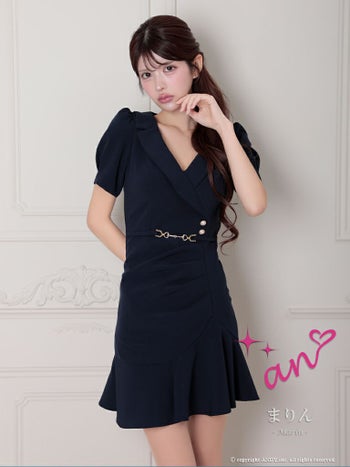 キャバドレス an ガーリー 半袖 襟デザイン ウエストベルト パフスリーブ ワンカラー 裾フリル タイトミニドレス