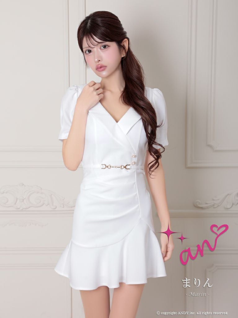 キャバドレス an ガーリー 襟デザイン 半袖 ウエストベルト パフスリーブ ワンカラー 裾フリル タイトミニドレス