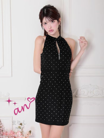 キャバドレス an ガーリー ホルターネック ジップデザイン ドット柄 ラメ バックオープン チェーン ビジュー タイトミニドレス