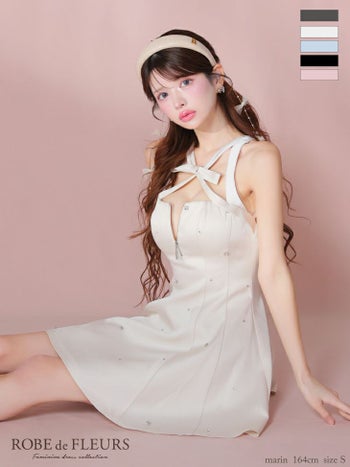 キャバドレス ROBEdeFLEURS ローブドフルール ネックリボン サテン ジップデザイン ガーリー ノースリーブ ビジュー フレアミニドレス 