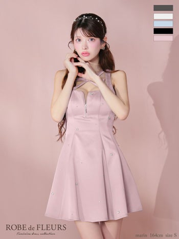 キャバドレス ROBEdeFLEURS ローブドフルール ジップデザイン ネックリボン ビジュー サテン ガーリー ノースリーブ フレアミニドレス