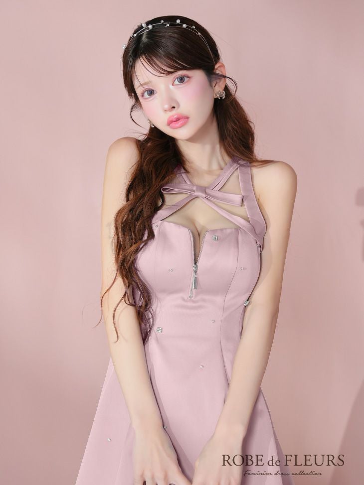 ROBEdeFLEURS/ローブドフルール】ビジュー サテン ジップデザイン