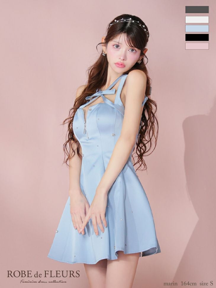 キャバドレス ROBEdeFLEURS ローブドフルール サテン ジップデザイン ビジュー ネックリボン ノースリーブ ガーリー フレアミニドレス 