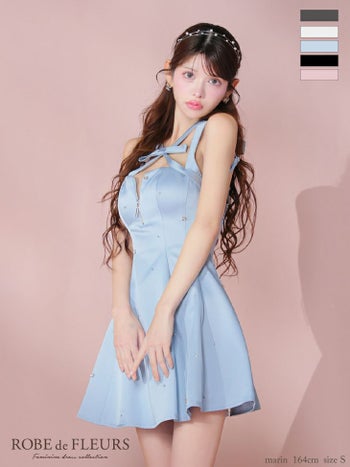 キャバドレス ROBEdeFLEURS ローブドフルール サテン ジップデザイン ビジュー ネックリボン ノースリーブ ガーリー フレアミニドレス 