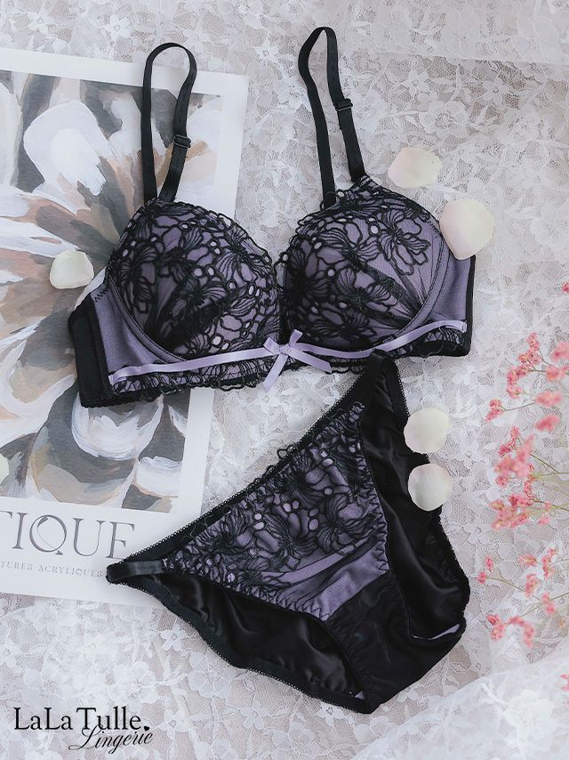 勝負下着 フラワー刺繍 ブラックレース フェミニン ブラジャー＆ショーツ 2点セット
