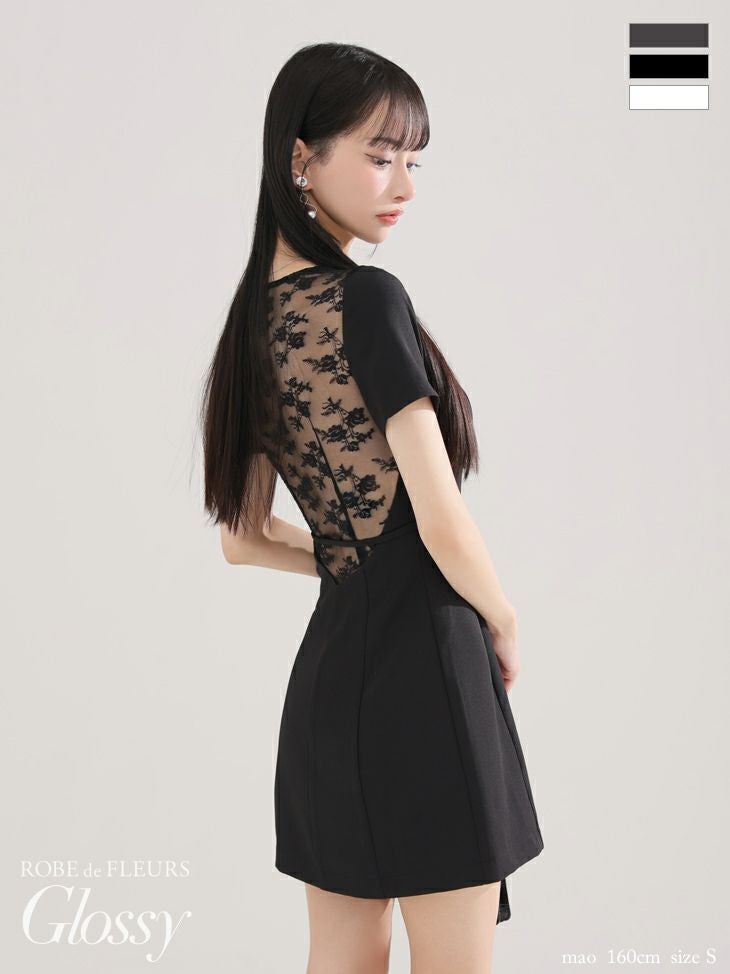キャバドレス Glossy by ROBE de FLEURS グロッシー ジップデザイン 半袖 ベルトデザイン バックレース セクシー フレアミニドレス