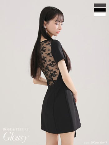 キャバドレス Glossy by ROBE de FLEURS グロッシー ジップデザイン 半袖 ベルトデザイン バックレース セクシー フレアミニドレス