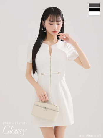 キャバドレス Glossy by ROBE de FLEURS グロッシー 半袖 ベルトデザイン バックレース セクシー ジップデザイン フレアミニドレス