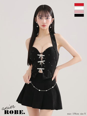 サンタコスプレ anier.ROBE アニエルローブ ファーチョーカー リボン スタッズ オープンバスト ノースリーブ ガーリー セットアップ プリーツ フレアスカート サンタコスドレス  