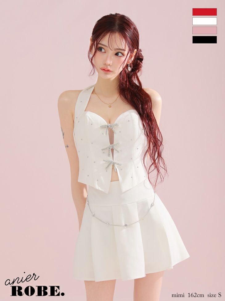 サンタコスプレ anier.ROBE アニエルローブ ファーチョーカー オープンバスト リボン スタッズ ノースリーブ ガーリー セットアップ プリーツ フレアスカート サンタコスドレス 