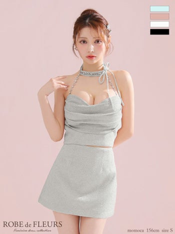 キャバドレス ROBEdeFLEURS ローブドフルール オープンバスト ホルターネック リボン ビジュー ラメニット セットアップ ガーリー タイトミニドレス