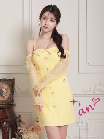 キャバドレス an 肩あき 長袖 襟デザイン ワンカラー シースルー フェイクポケット ボタン タイトミニドレス