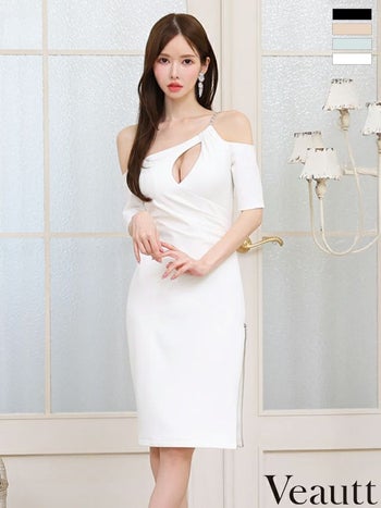 キャバドレス Veautt ヴュート 半袖 ジップデザイン アシンメトリー セクシー ワンショルダー バストカット 膝丈ドレス