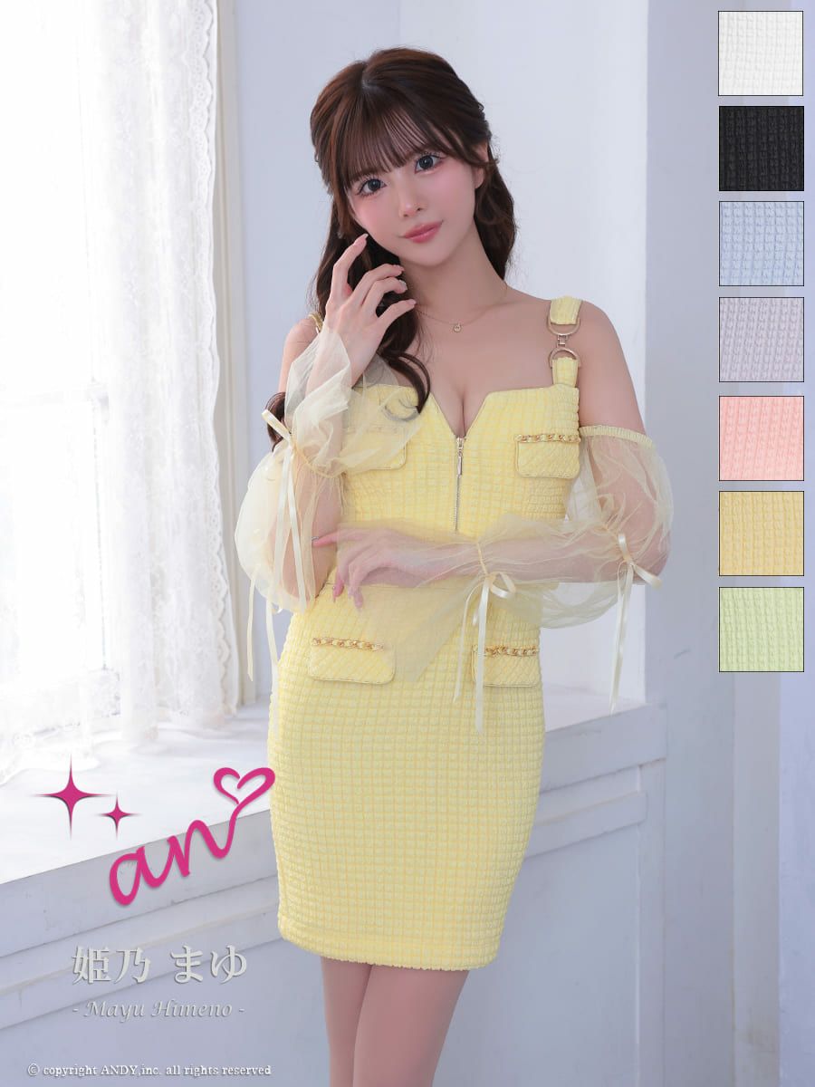 キャバドレス an  長袖 肩あき シアー バックカット ジップデザイン リボン フェイクポケット タイトミニドレス