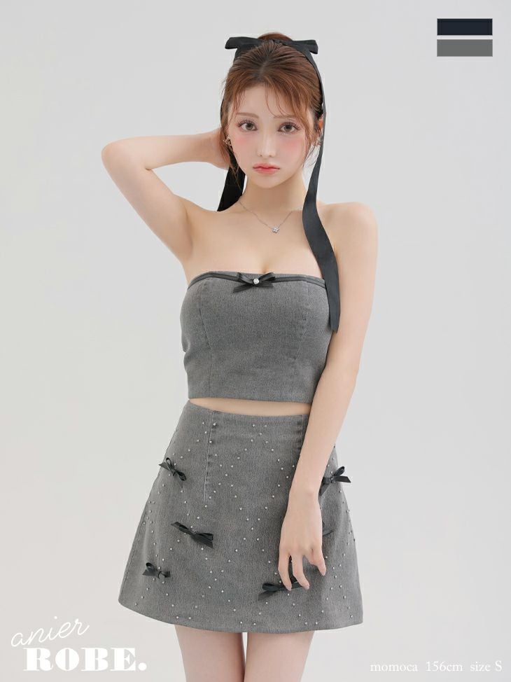 キャバドレス anier.ROBE アニエルローブ ベアトップ デニム レザーリボン ビジュー セットアップ ガーリー フレアミニドレス