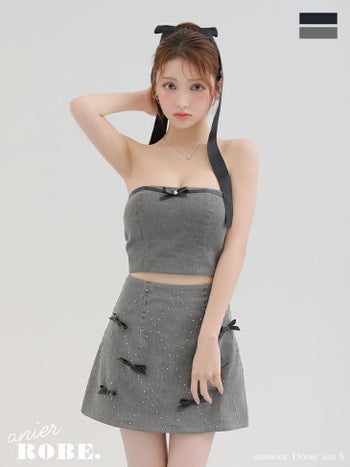 キャバドレス anier.ROBE アニエルローブ ベアトップ デニム レザーリボン ビジュー セットアップ ガーリー フレアミニドレス