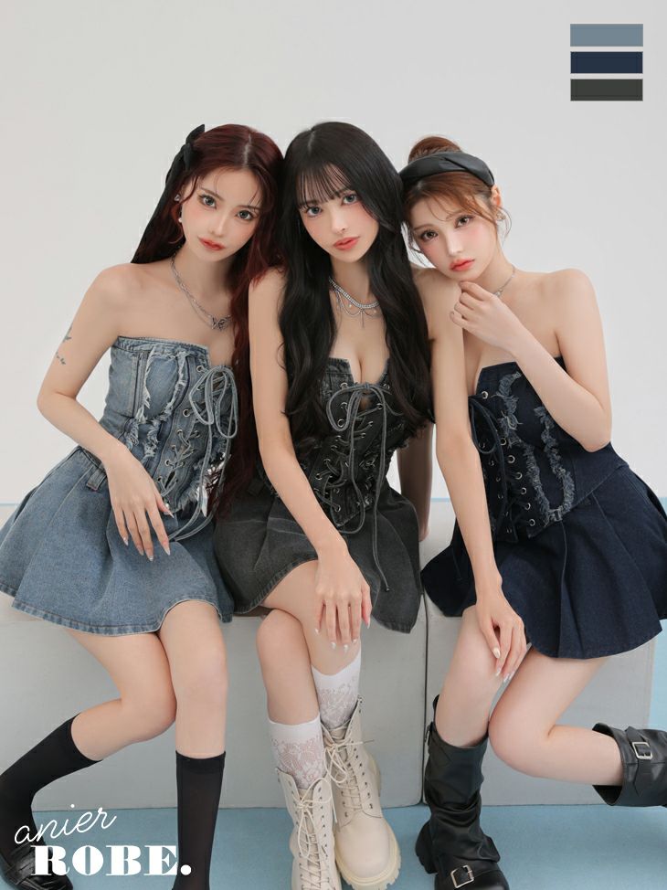 キャバドレス anier.ROBE アニエルローブ セクシー ベアトップ デニム レースアップ ベルト セットアップ フレアミニドレス