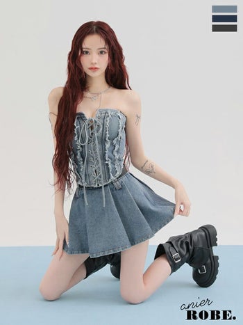 キャバドレス anier.ROBE アニエルローブ レースアップ ベルト セットアップ セクシー ベアトップ デニム フレアミニドレス