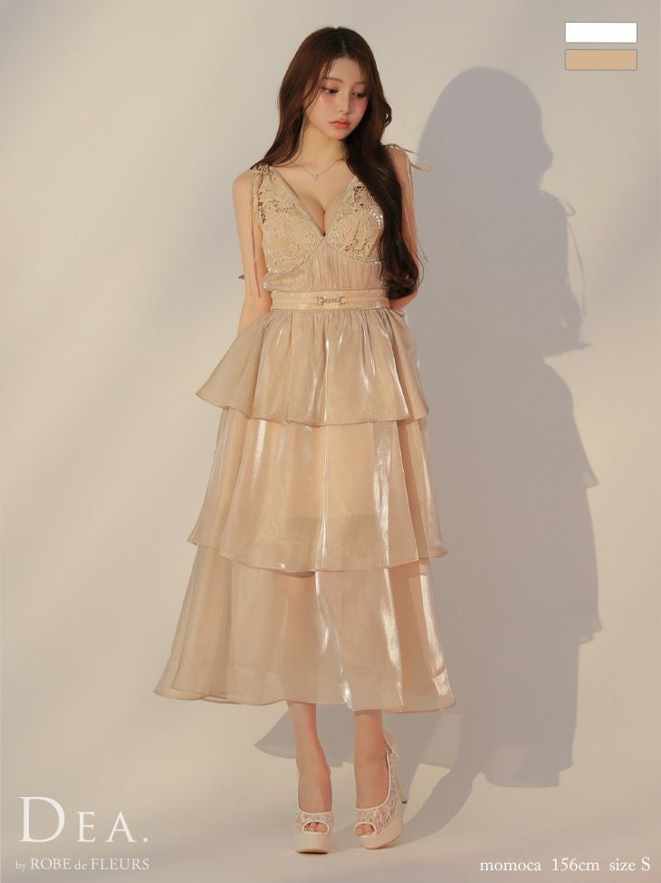 キャバドレス DEA. ROBE de FLEURS ディア ローブドフルール ティアード シフォン ノースリーブ レース Aラインロングドレス 