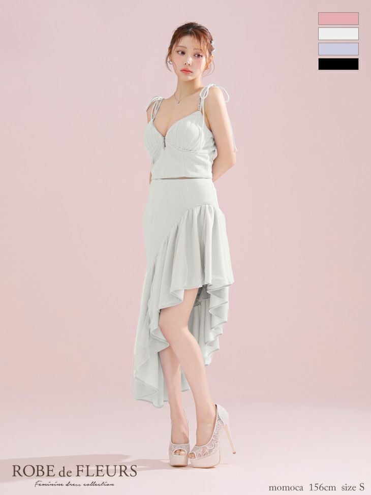 キャバドレス ROBEdeFLEURS ローブドフルール オープンバスト ジップデザイン キャミソール ビジュー リボン アシンメトリー ラメニット チュール セットアップ ガーリー ロングテールドレス