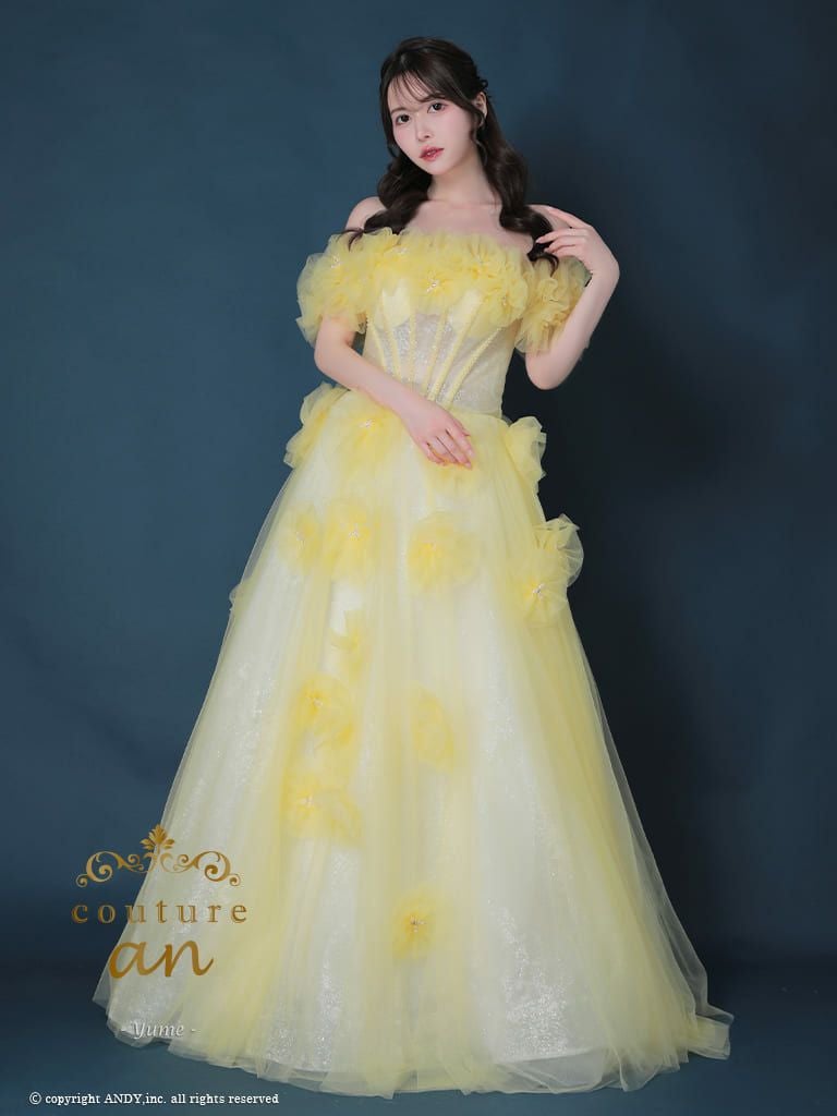 キャバドレス couture an ガーリー ビジュー パール オフショルダー シフォン 立体 フラワー バースデー レースアップ Aラインロングドレス