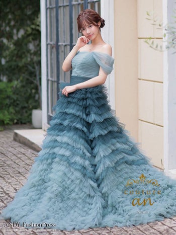 キャバドレス couture an ガーリー オフショルダー シフォン ティアード バースデー レースアップ Aラインロングドレス