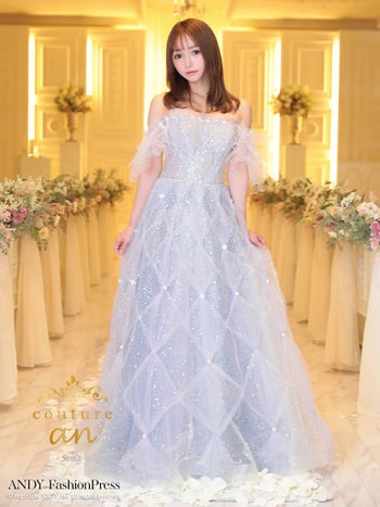 キャバドレス couture an ガーリー オフショルダー フリル袖 スパンコール ビーズ チェック チュール バースデー レースアップ Aラインロングドレス