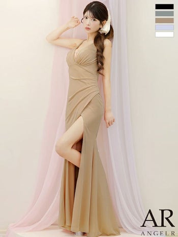 キャバドレス Angel R エンジェルアール ビジューチェーン ノースリーブ ウエストタック スリット セクシー オープンバスト タイトロングドレス