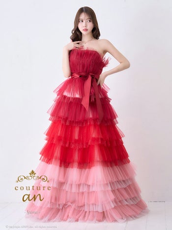 キャバドレス couture an オフショルダー リボン ガーリーシフォン 立体 バースデー レースアップ Aラインロングドレス(aocwd026)