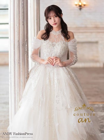 キャバドレス couture an ガーリー ホルターネック 肩あき 長袖 チュール シースルー レース 刺繍 ビジュー レースアップ バースデー Aラインロングドレス