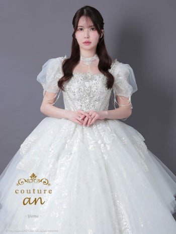 キャバドレス couture an ガーリー チョーカー 半袖 チュール フリル ドレープ 刺繍 ビジュー レースアップ バックリボン バースデー Aラインロングドレス