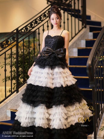 キャバドレス couture an ガーリー キャミソール レース スパンコール フリル ウエストリボン バースデー Aラインロングドレス