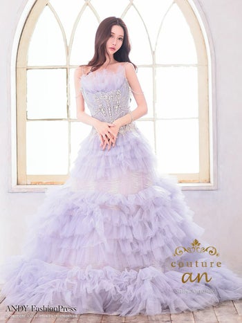 キャバドレス couture an ガーリー キャミソール ビジュー スパンコール フェザー フリル フラワー レースアップ バースデー Aラインロングドレス