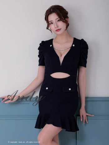 キャバドレス Andy 半袖 ウエストカット シースルー チェーン パフスリーブ 裾フリル ボタン タイトミニドレス