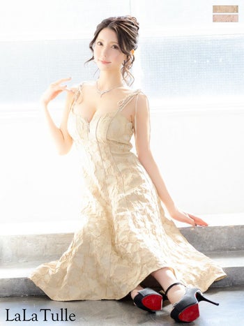 キャバドレス DEA. ROBE de FLEURS ディア ローブドフルール キャミソール ジップデザイン オープンバスト 花柄ジャガード パイピング ショルダーリボン エレガント Aラインロングドレス 