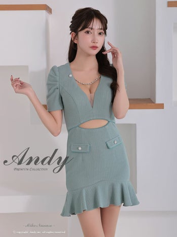 キャバドレス Andy ウエストカット 半袖 シースルー チェーン パフスリーブ 裾フリル ボタン タイトミニドレス