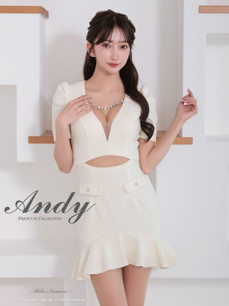 キャバドレス Andy ウエストカット シースルー 半袖 チェーン パフスリーブ 裾フリル ボタン タイトミニドレス