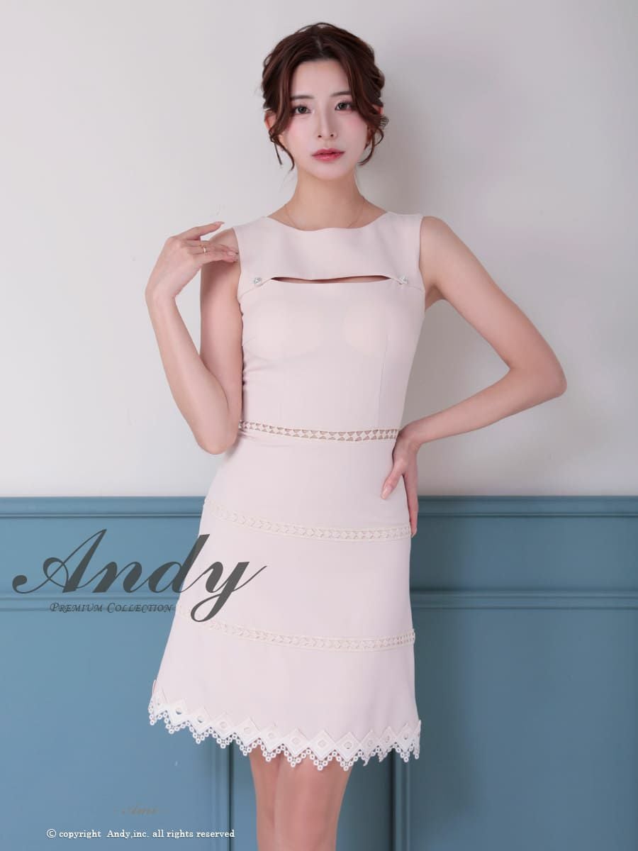 キャバドレス Andy バストカット ノースリーブ レース 切替 ボタン ワンカラー フレアミニドレス