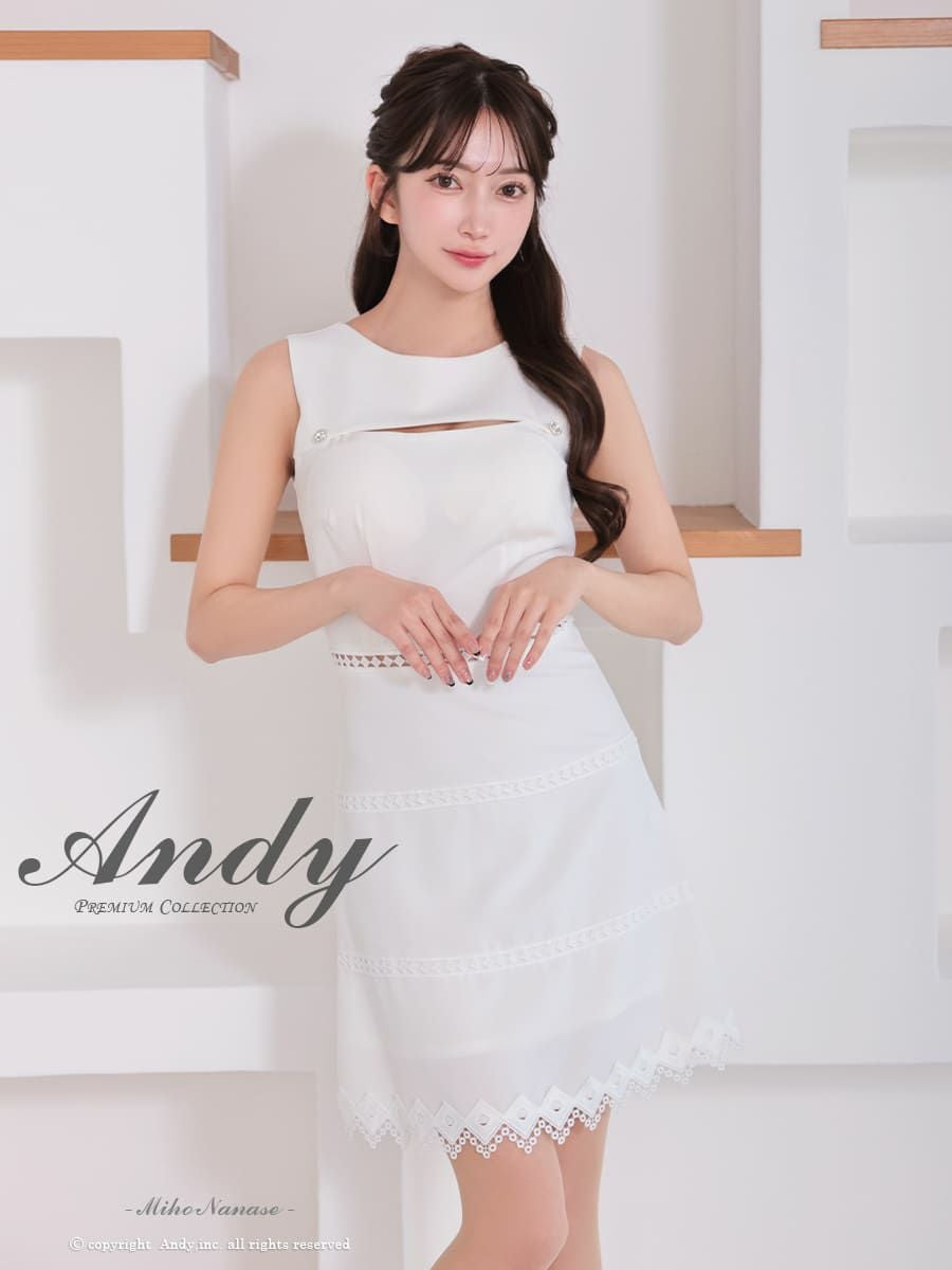 キャバドレス Andy バストカット レース 切替 ノースリーブ ボタン ワンカラー フレアミニドレス