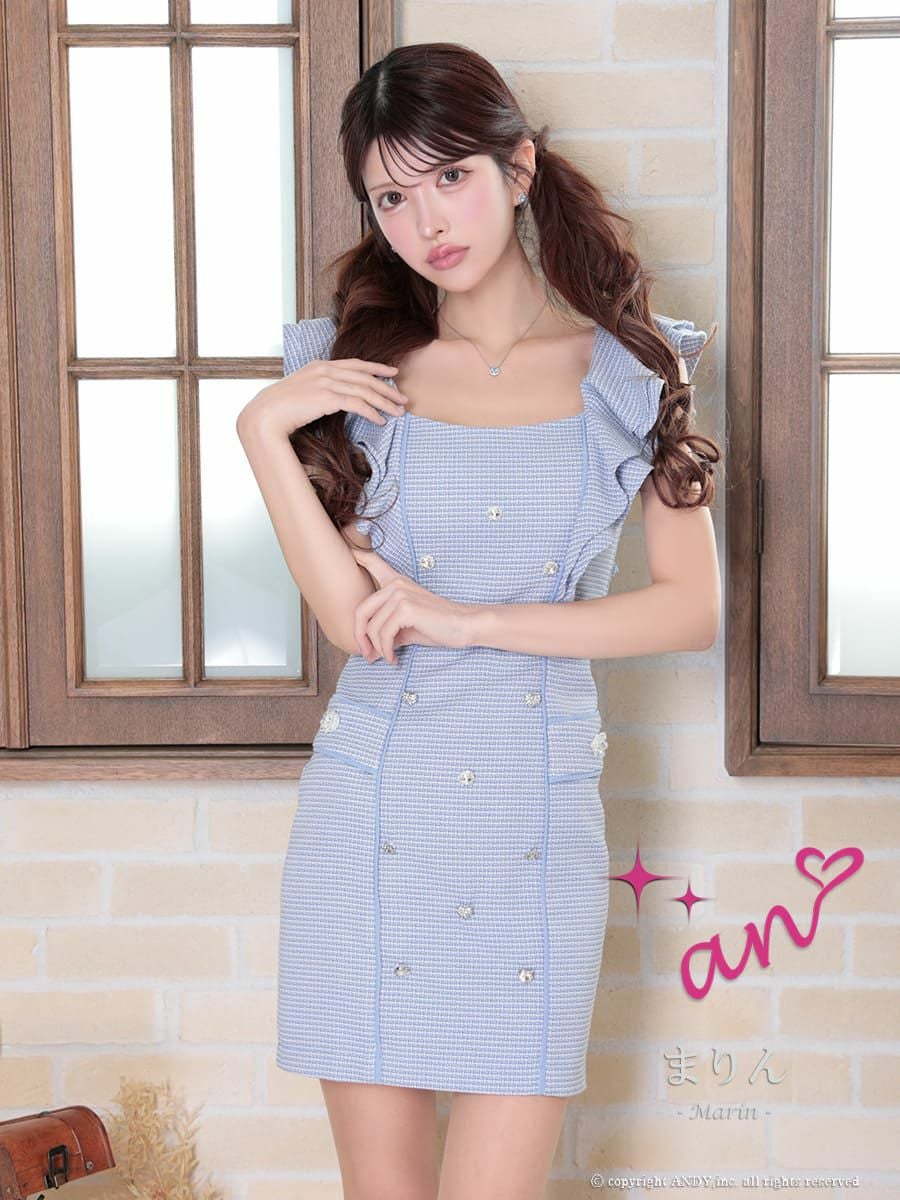 キャバドレス an アン フリル ノースリーブ ライン ツイード ハート フラワー モチーフ ビジュー ポケット タイトミニドレス